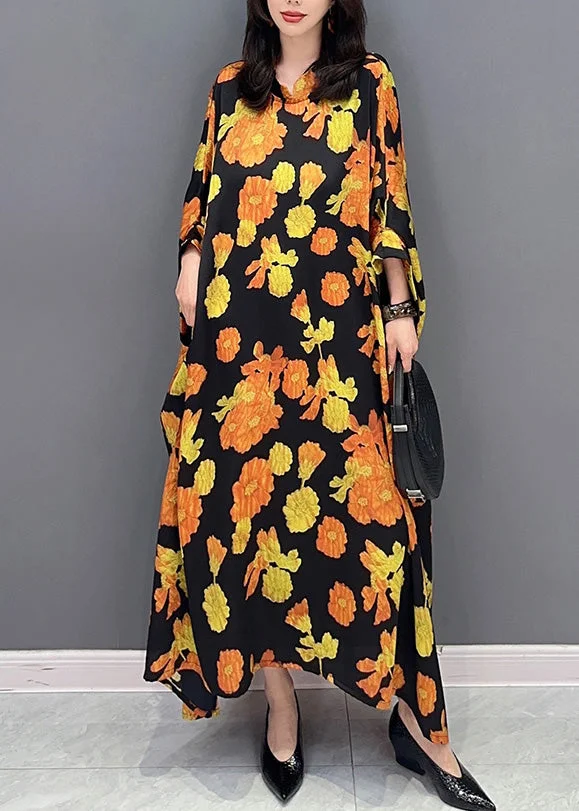 5.29Plus Size Yellow Stand Collar Maxi Dresses Spring