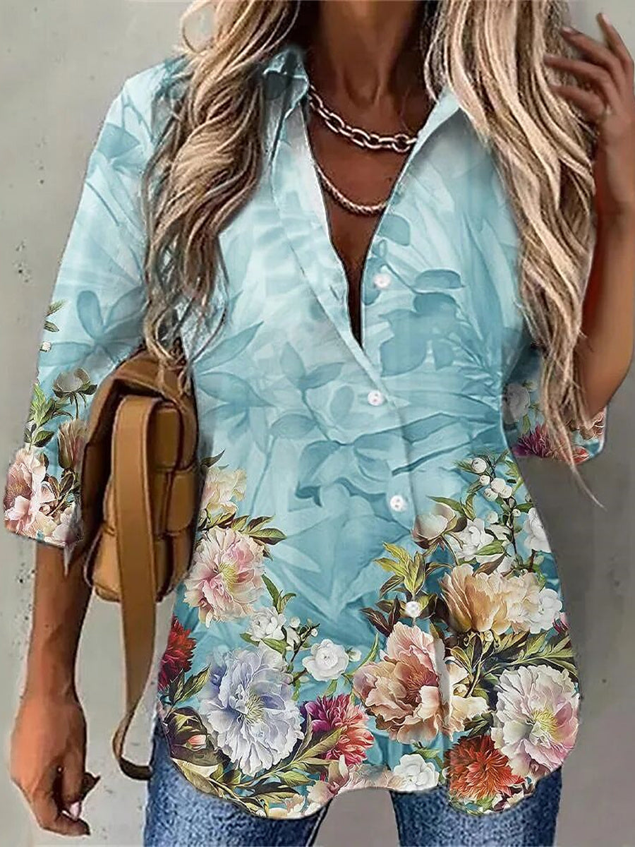 Women Long Sleeve V-neck Graphic Floral Printed Top