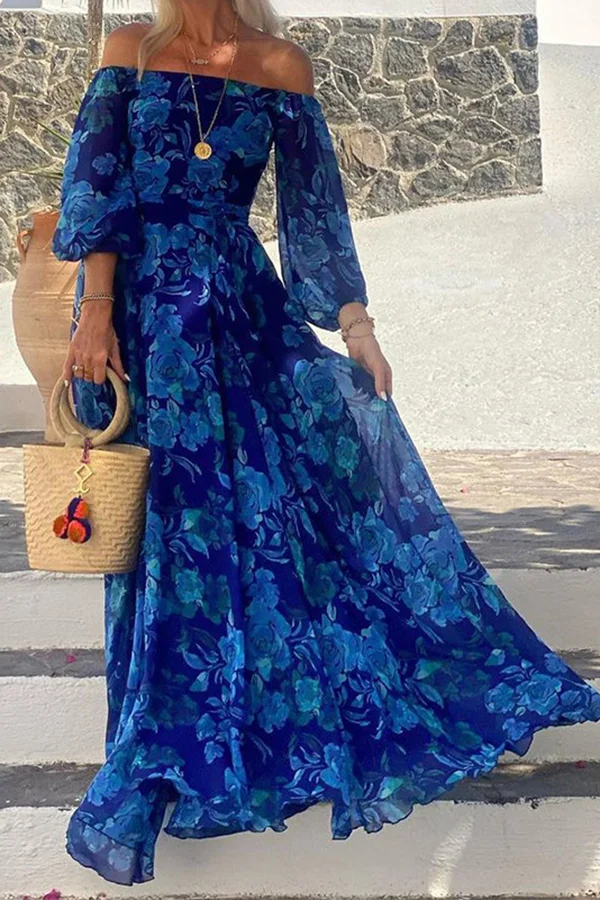 A Clearance Sale！！！With Love Floral Off Shoulder Back Smocked Vacation Maxi Dress