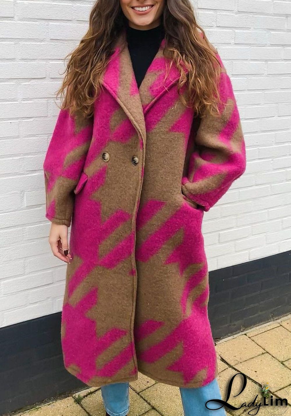 Women Color Block Long Sleeve Turndown Collar Print Jacket