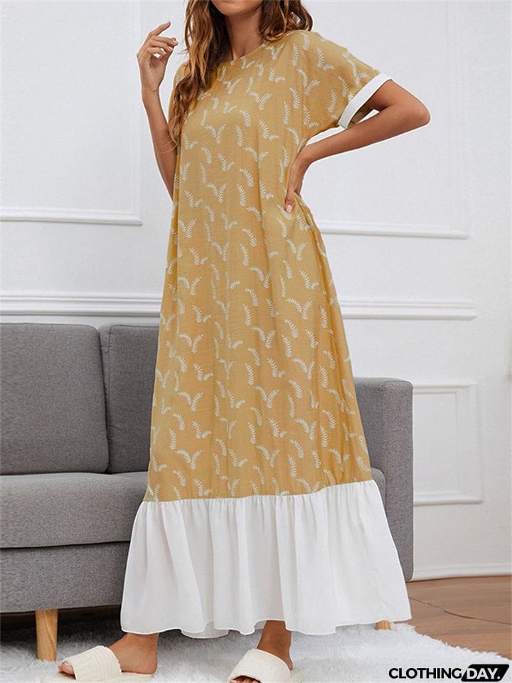 Round Neck Printed Contrast Color Long Dresses