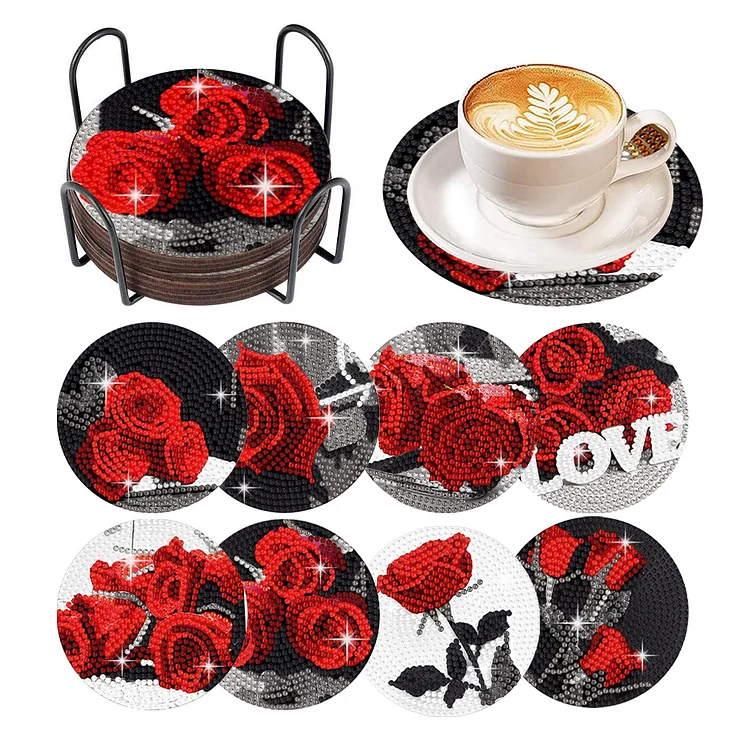 8 Pcs Acrylic Red Rose Diamond Painting Crafts Coaster with Holder for Beginners