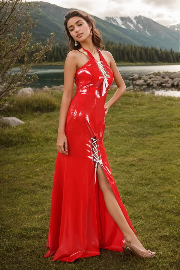 Women Latex Dress Sultry Red Halter Gown Front Lacing Thigh Slit