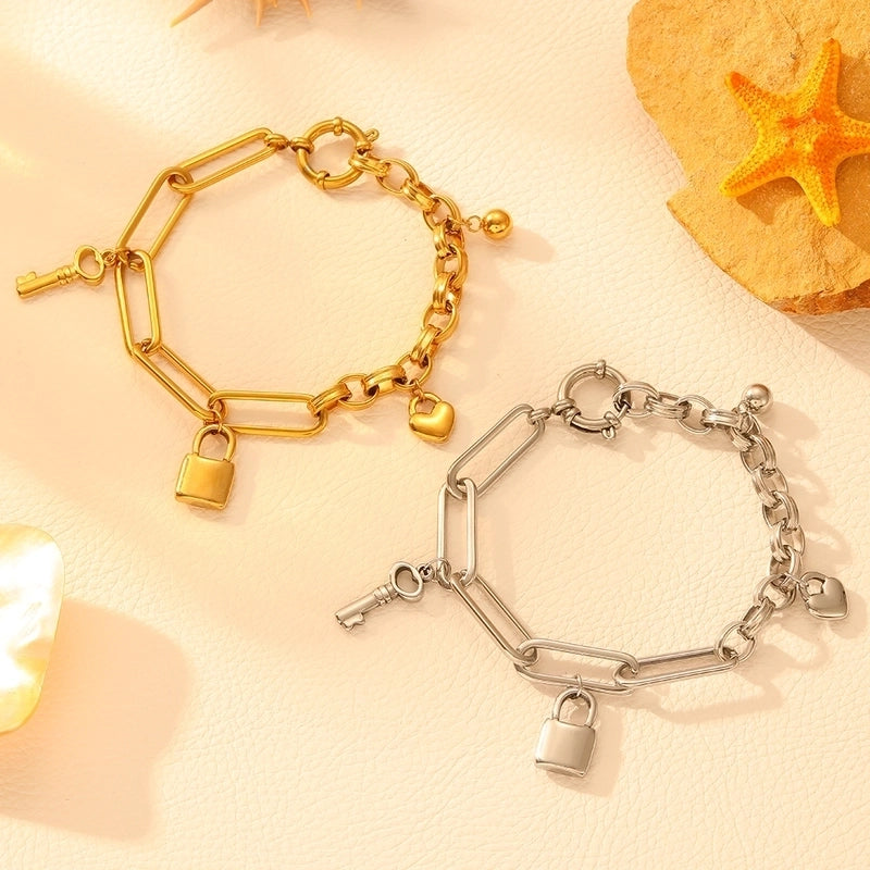 Elegant Heart Shape Key Lock Titanium Steel 18K Gold Plated Paperclip Chain Belcher Chain Bracelets In Bulk