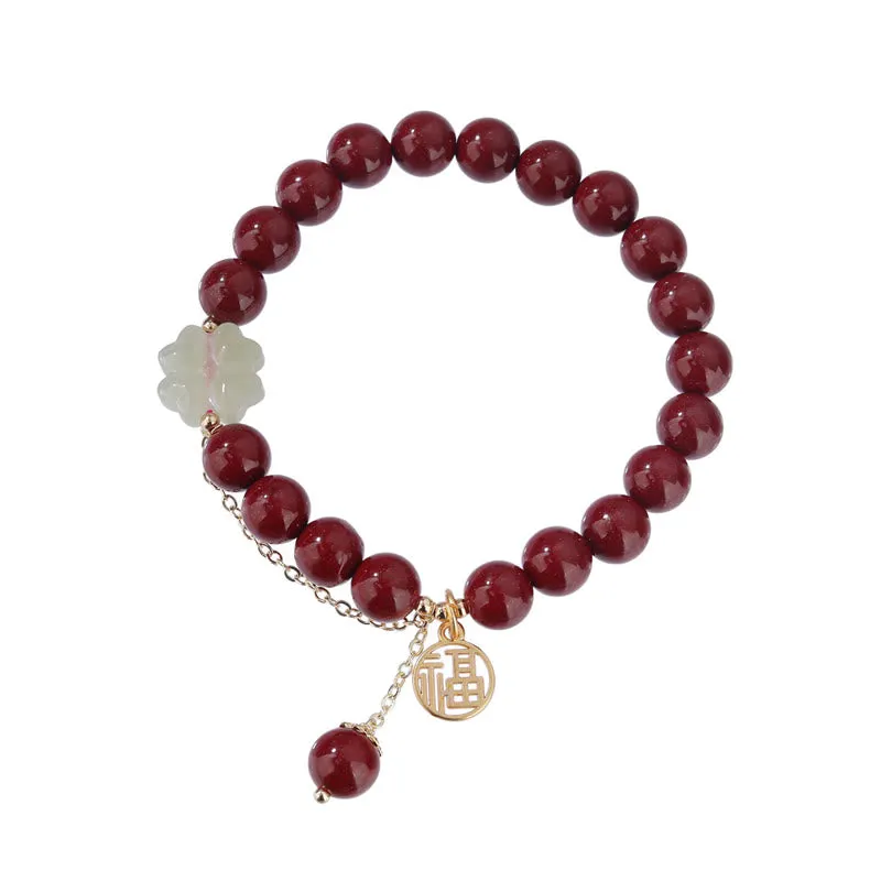 Cinnabar Fu Character Hetian Jade Lucky Four Leaf Clover Blessing Bracelet