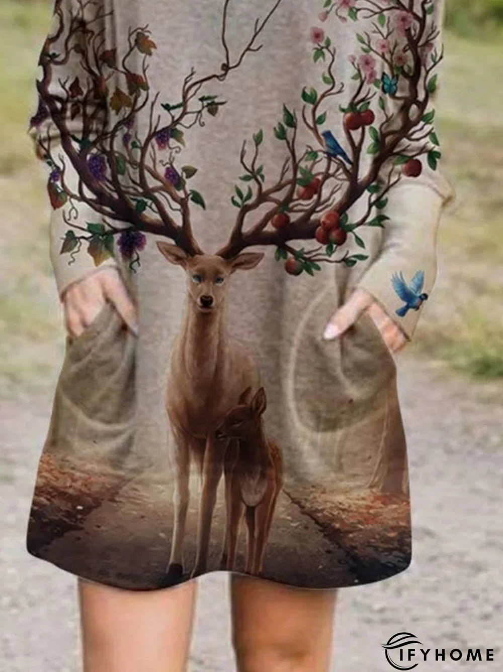 Khaki Animal Printed Casual Shift Crew Neck Long Sleeve Spring&Fall Knitting Dress | IFYHOME