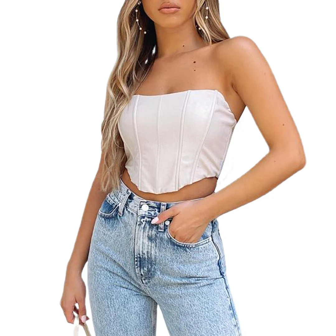 Women's Solid Color Tube Tops Off Shoulder PU Leather Corset Tops Sexy Summer Low Cut Bustier Crop Tops Irregular Hem Tanks