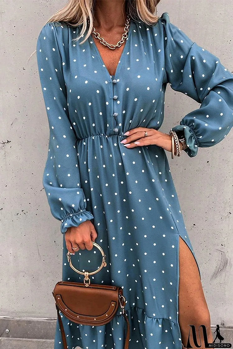 Blue Button Polka Dot High Slit Ruffled Long Sleeve Midi Dress