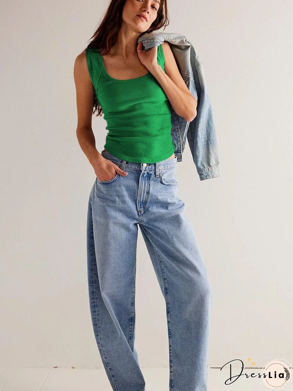 Dark Green Ribbed Knit Scoop Neck Cropped Tank Top