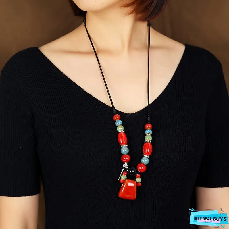Retro Ethnic Style Ceramic Necklace for Womens Simple Collar Chain Versatile Red Pendant