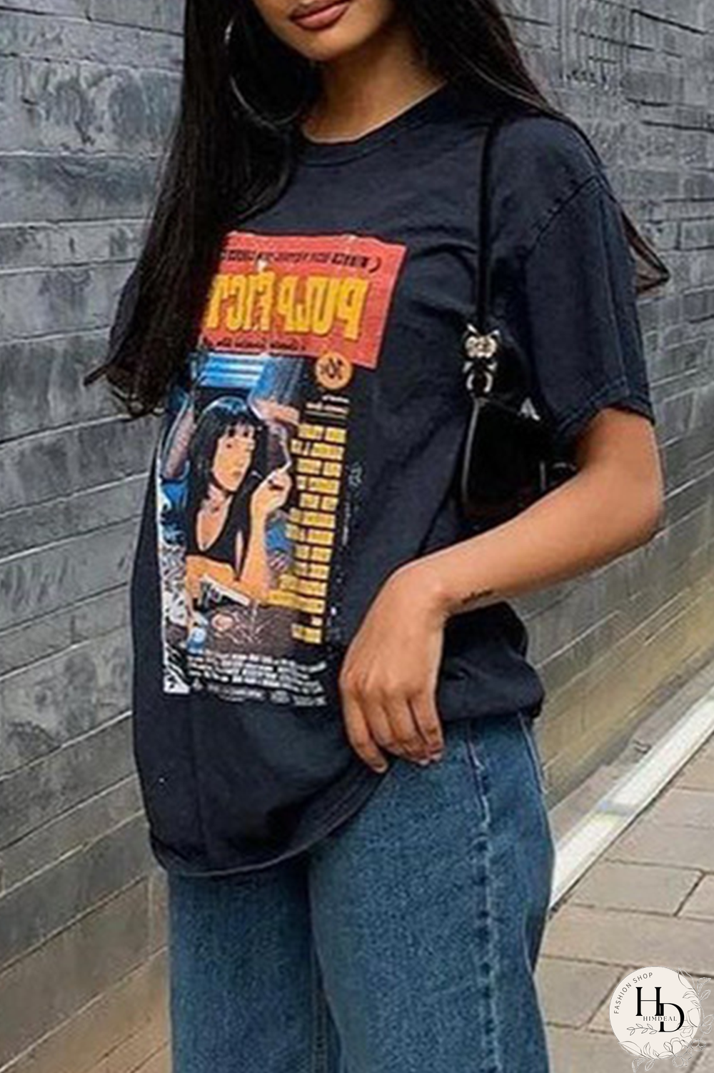 Black Casual Print Split Joint O Neck T-Shirts