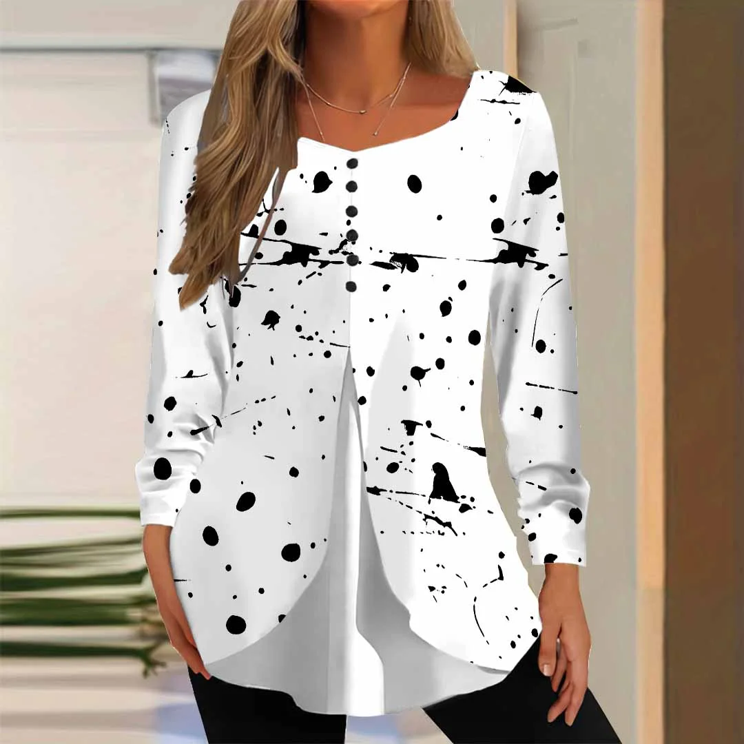 Women Striped,Polka Dot,White DZGG8358 Long Sleeve Scoop Neck Printed Graphic Button Fake 2in1 Tops