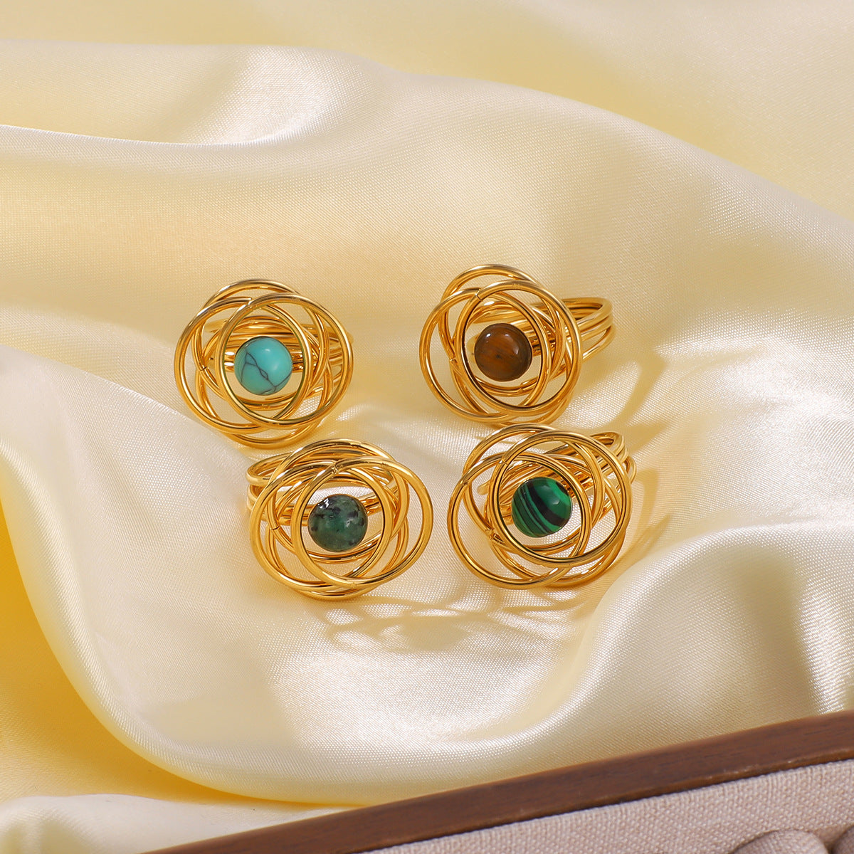 Palace Style Niche Retro Inlaid Natural Stone Line Winding Tiger Eye Stone Ring Hollow Unique Stainless Steel Ring