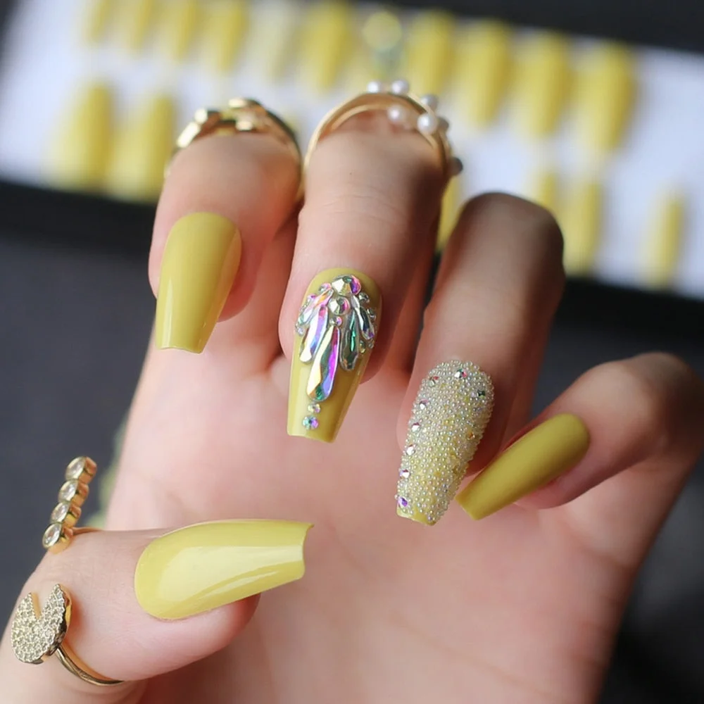 Lemon yellow ballet false nails Cute summer fake nails coffin AB rainbow Small diamond press on nails Adhesive tabs sticker-Nail Inspo