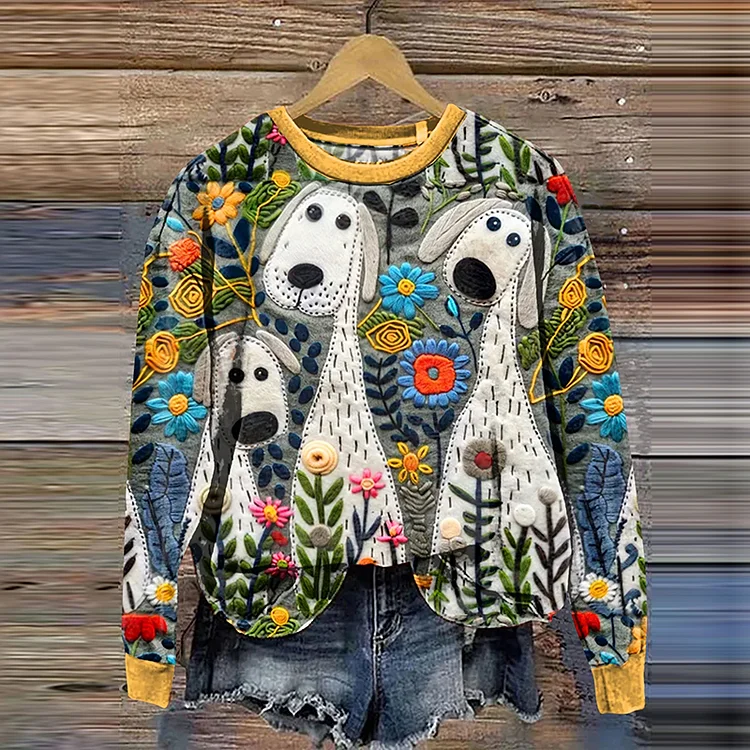 Comstylish Cute Dog Art And Floral Casual Sweatshirt