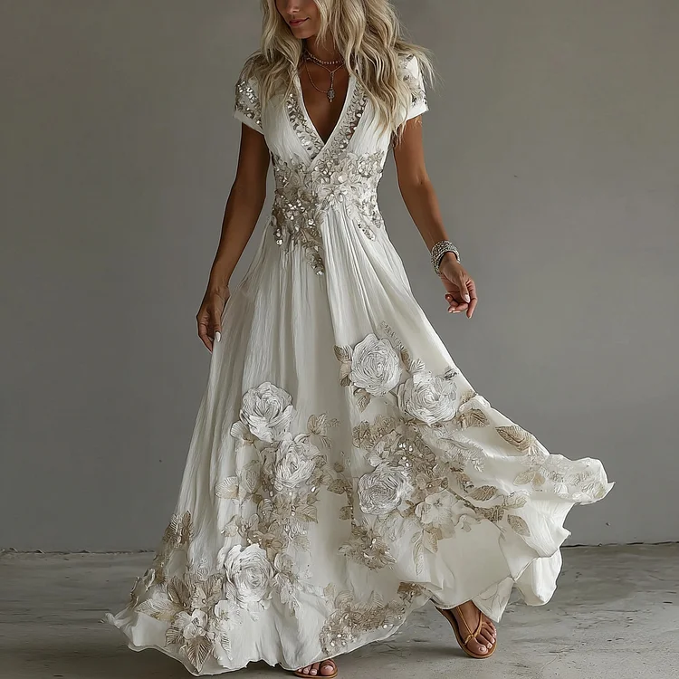 Women's Vintage Boho Floral Art  Short-sleeved Maxi Dress