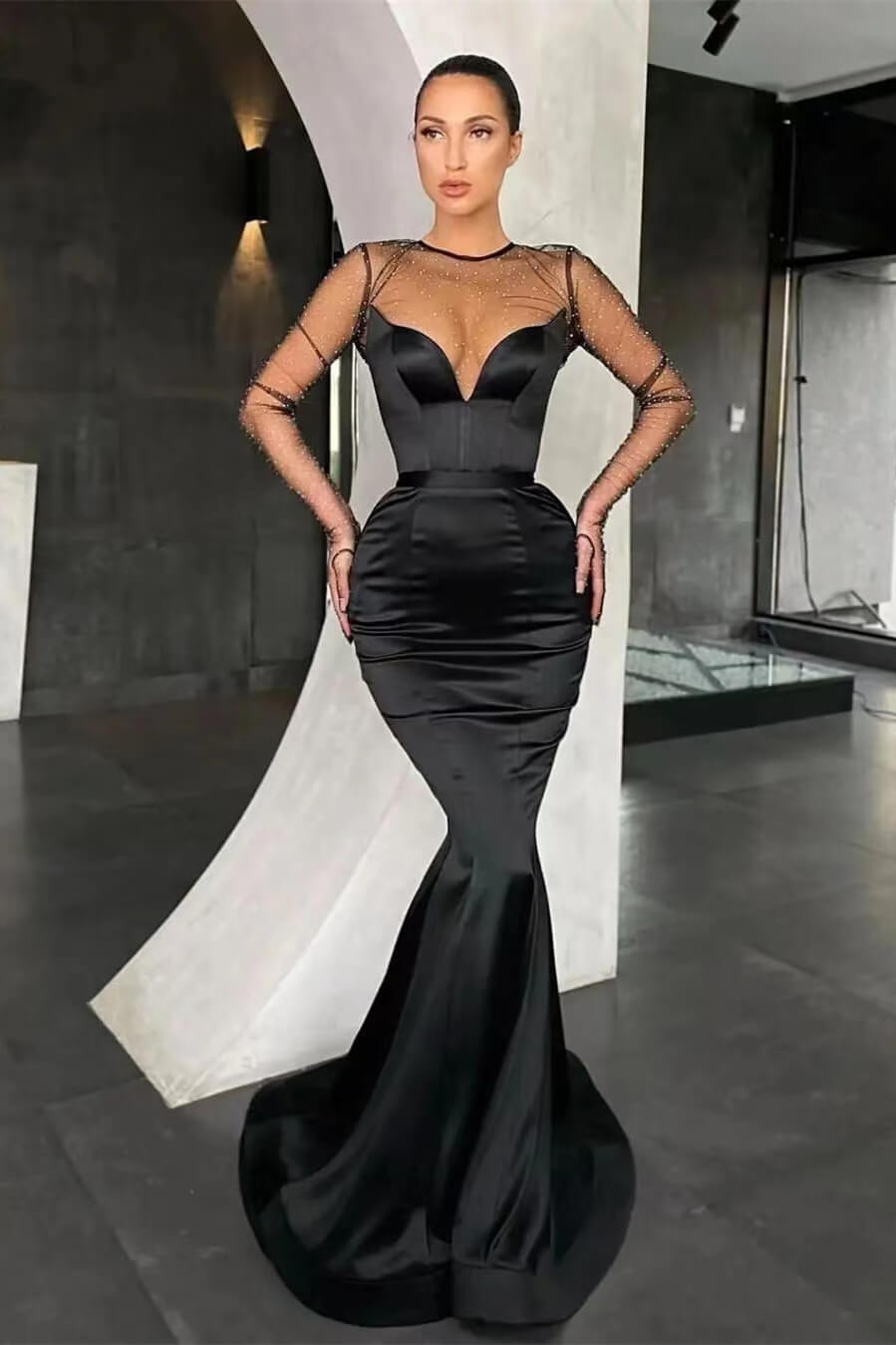 Lvs&Broner Shinning Black Long Sleeves Pleated Mermaid Long Prom Dress