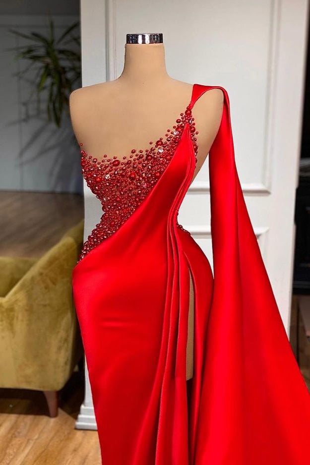 Daisda Mermaid Red Ruffes Prom Dress Split With Beading