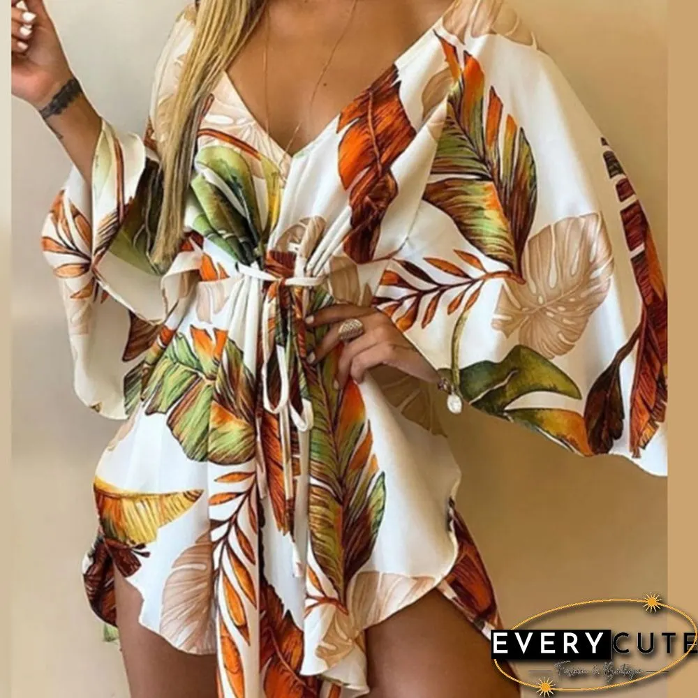 Casual Leaf Leopard Print Harajuku Batwing Sleeve Dress Lady Elegant Lace-Up Irregular