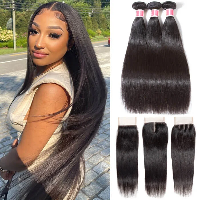Peruvian Straight Hair 3 Bundles with 4*4 Closure Soft Unprocessed Virgin Human Hair
