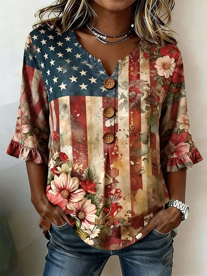 Women's Vintage Flag-Print Cotton-Linen Top 