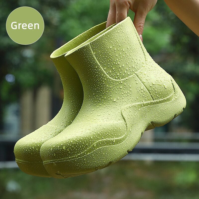 Thick Sole Design Women Rainboots Lightweight EVA Slip-on Ladies Rain Shoes Solid Outdoor Waterproof Girls Platform Ankle Boots
