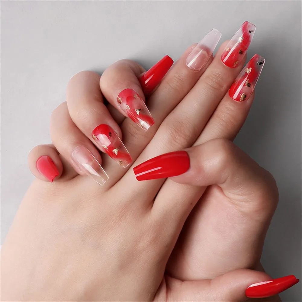 24pcs Long Coffin False Nails Wearable Ballerina Fake Nails Orange gradient gold foil nails Full Cover Nail Tips Press On Nails-Nail Inspo