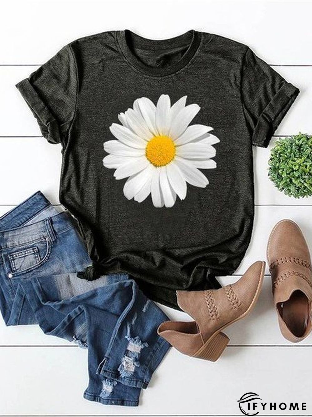 Short Sleeve Crew Neck Floral-print Casual T-shirt | IFYHOME