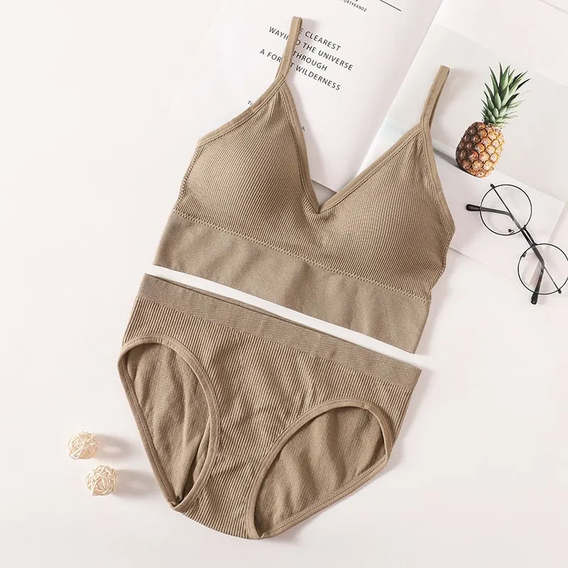 Women Bra Panties Set Seamless Bra Brief Cropped Cami Bralette Crop Top Brassieres Sexy Lingerie Active Bra Sport Underwear Set