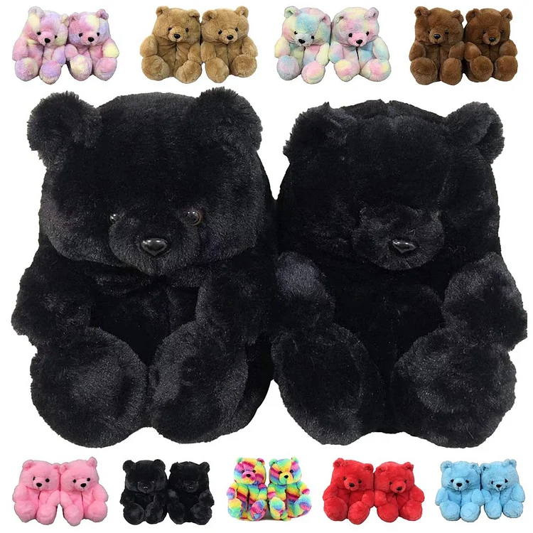Plush Teddy Bear Slippers Faux Fur Winter Warm Non-Slip Indoor Home Slippers  Stunahome.com