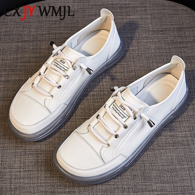 CXJYWMJL Genuine Leather Women's Flat Sneakers Large Size 35-41 Autumn Vulcanized Shoes Ladies Casual Shoes Comfortable Flats