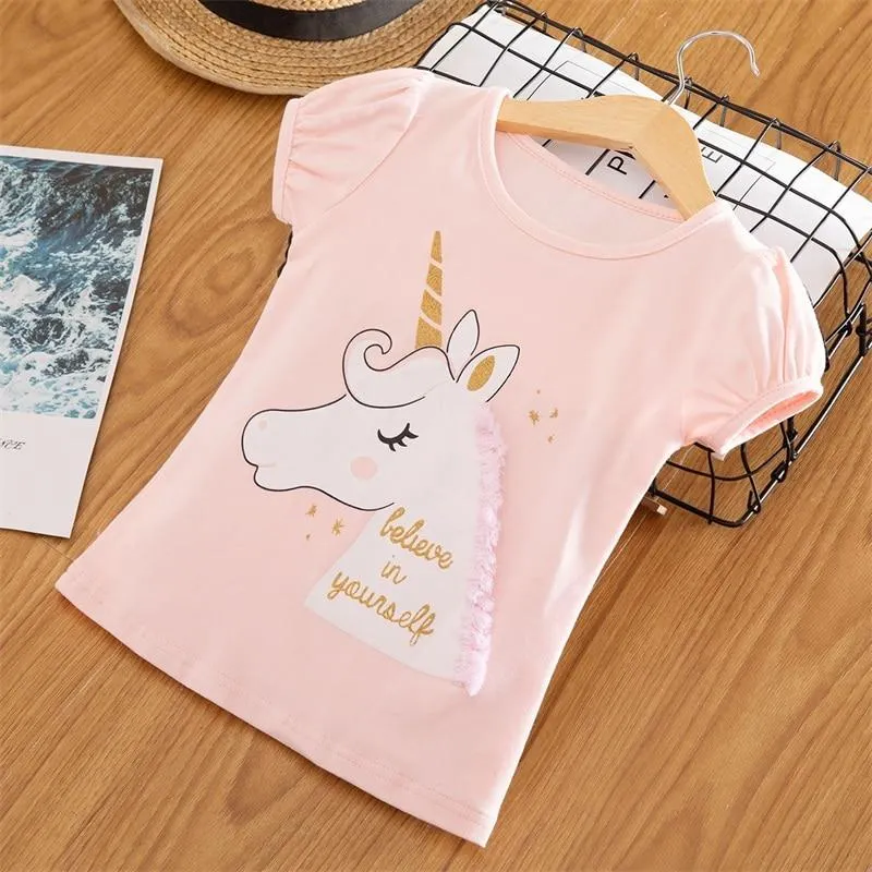 Girls T-shirts Short Sleeve Flamingo Unicorn Print Tops for Baby Girl Summer Clothes Sequins Tshirt 3-8Yrs Kids Tees for Girls