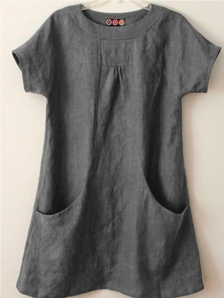 Large Pocket Cotton and Linen Short Sleeve Loose Top P181436090
