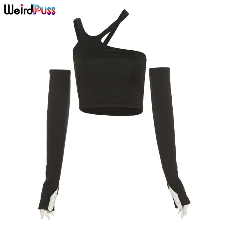 Weird Puss Irregular Skinny Y2K Crop Top Women Strapless With Gloves Stretch Solid Black Casual Streetwear Vest Tank Top Outfits