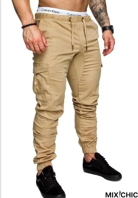 Men Casual Joggers Solid Color Pants Cotton Elastic Long Trousers