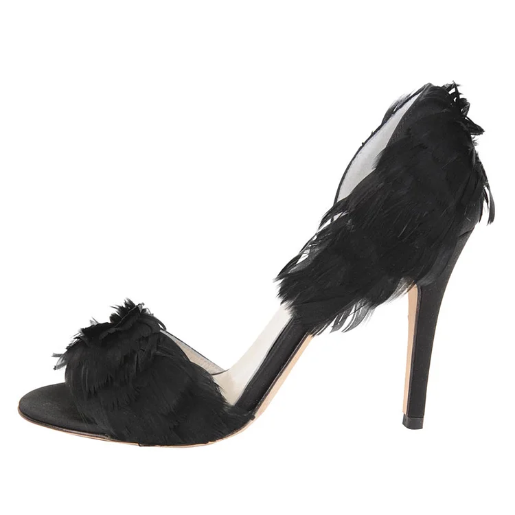 Black Faux Feather Prom Heels Open Toe Stiletto Satin Wedding Sandals |FSJ Shoes