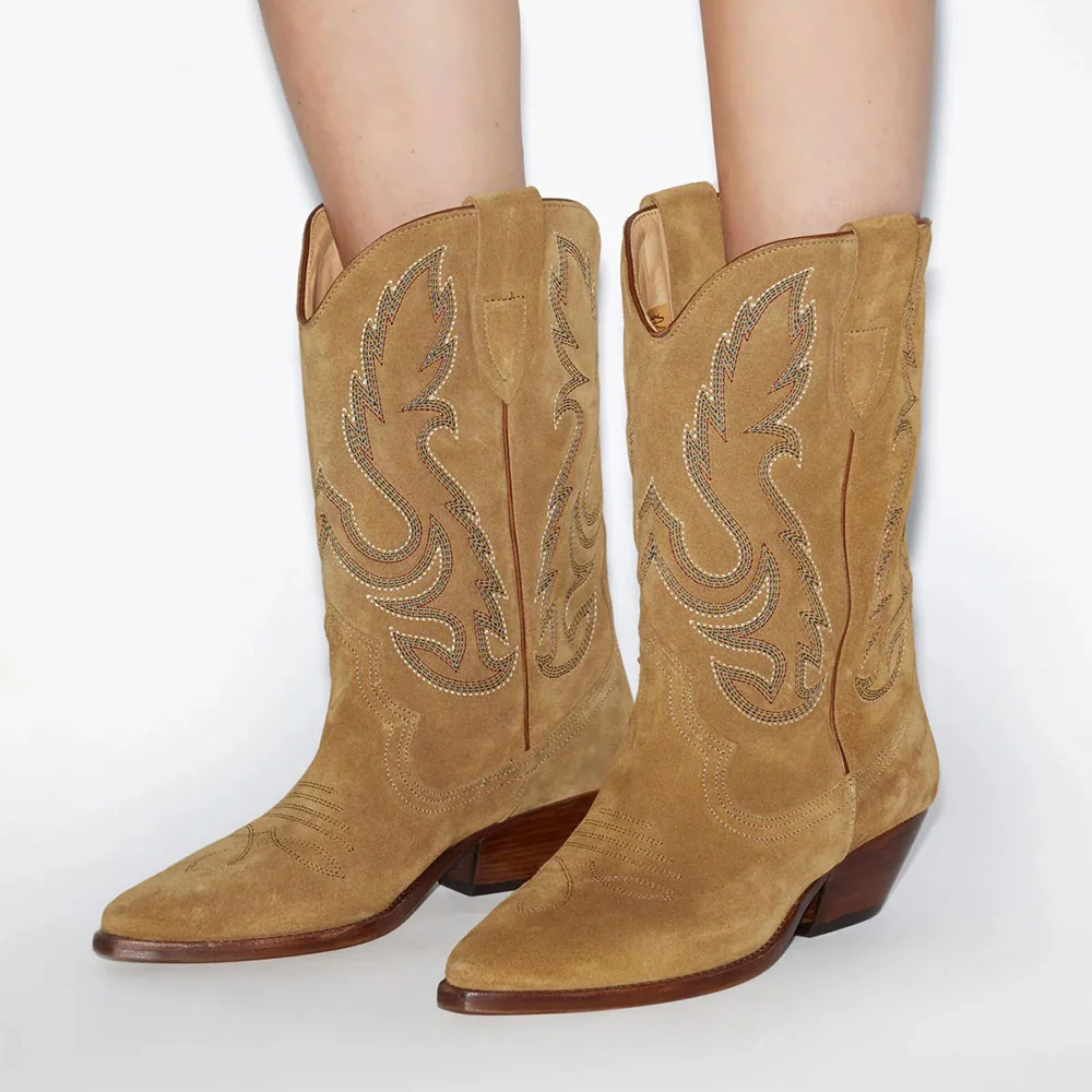 Tan Pointed Toe Chunky Heel Cowgirl Boots with Embroidered