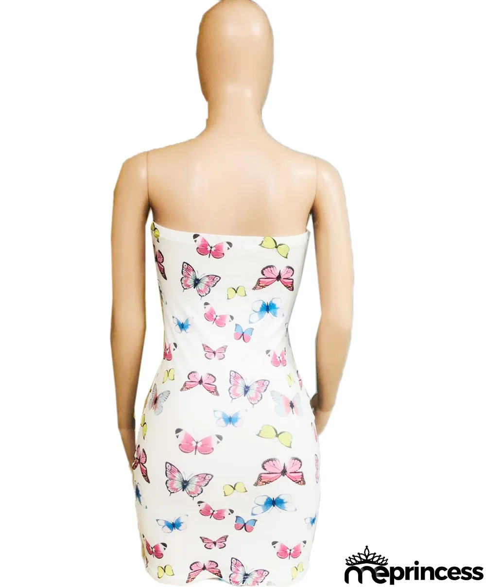 Butterfly Print Tube Top Slim Fit Dress
