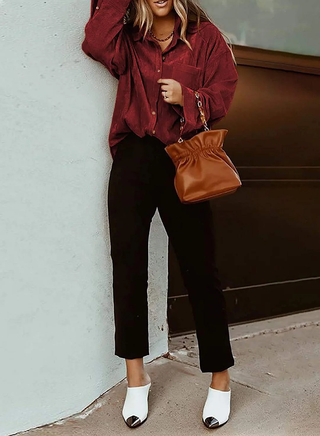 MIHOLL Women Corduroy Long Sleeve Button Down Collared Shirt Jacket Tops