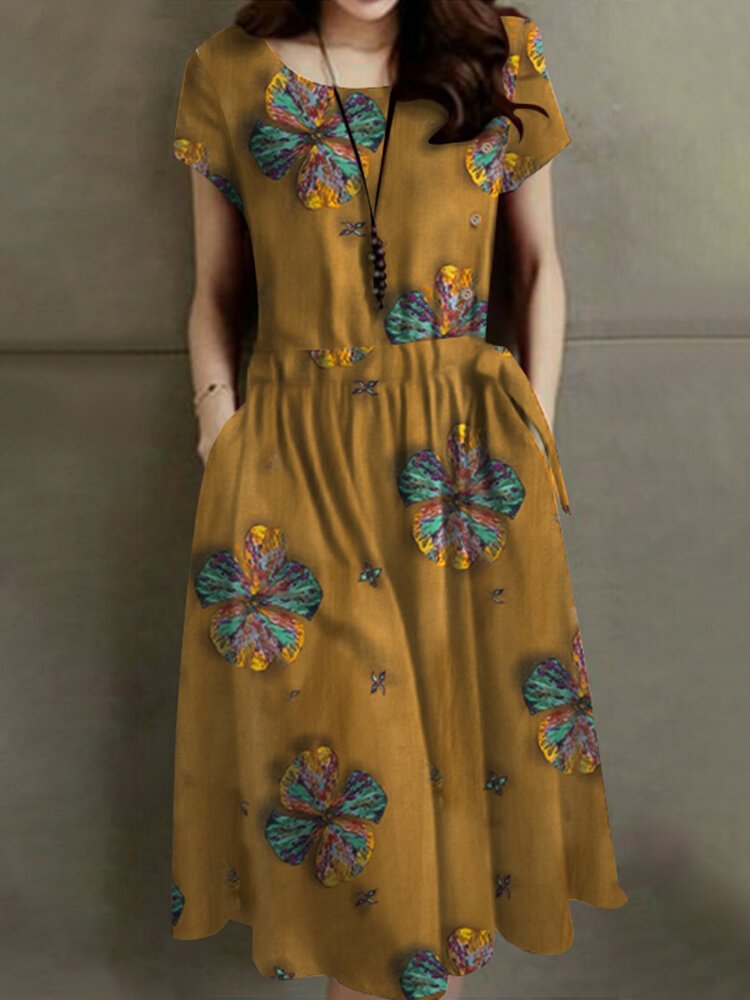 Flower Print Drawstring Waist Pocket Short Sleeve Vintage Dress - Shop Trendy Women's Fashion | TeeYours