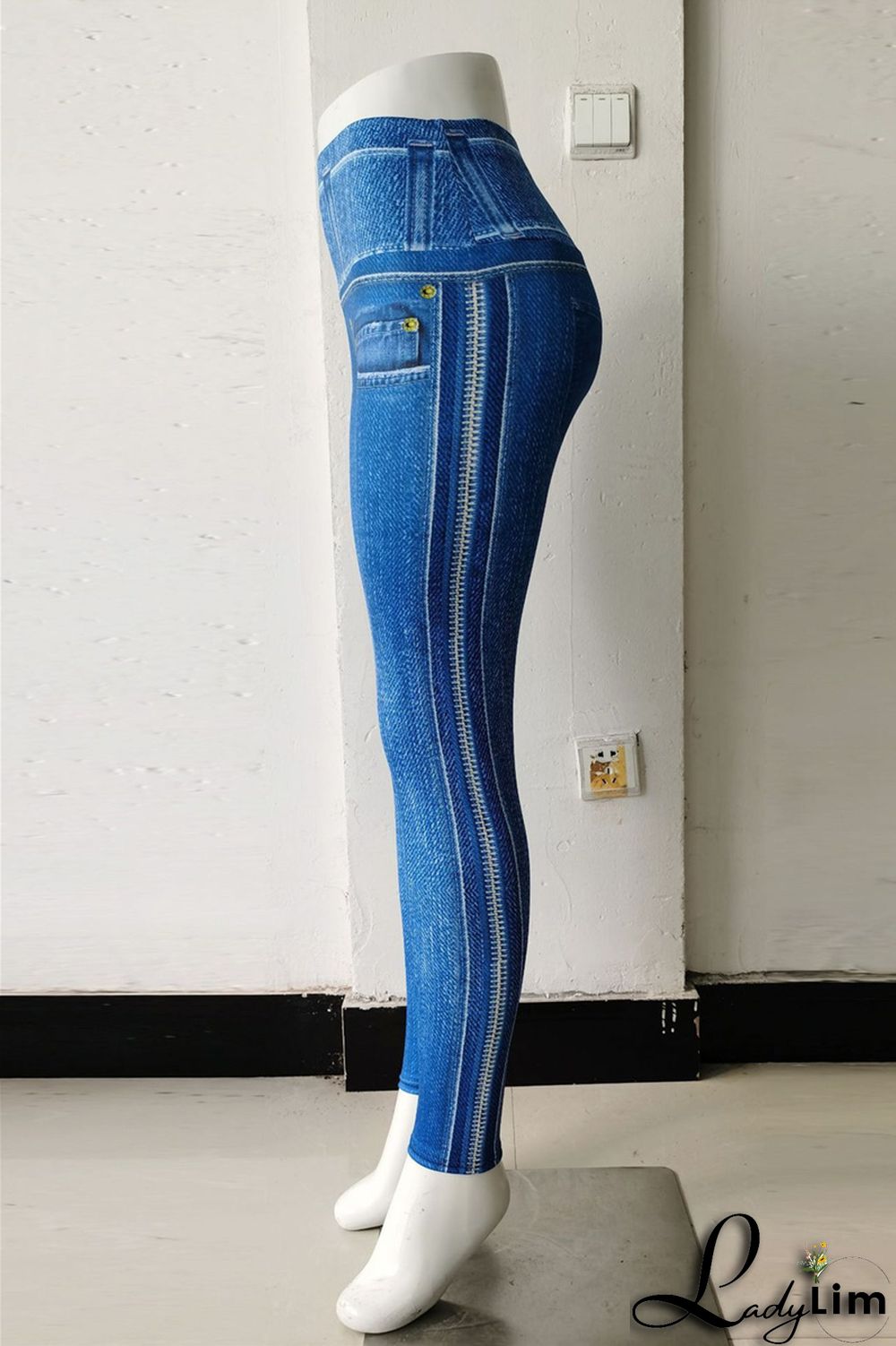 Blue Fashion Casual Sportswear Print Split Joint Skinny High Waist Pencil Trousers