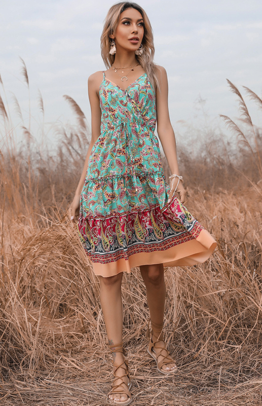 Mature Women Summer Fashion Ethnic Print Boho V-Neck Slip Dress