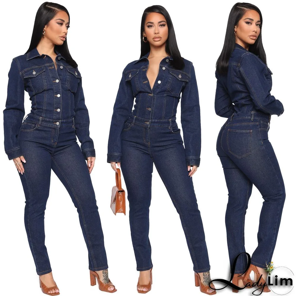 Plus Sizes Long Sleeve Bodycon One Piece Denim Jumpsuit