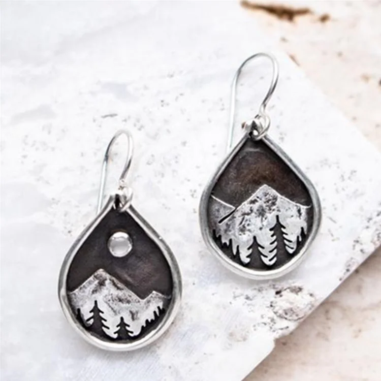 Forest Tree Mountain Pine Round Silver Earrings