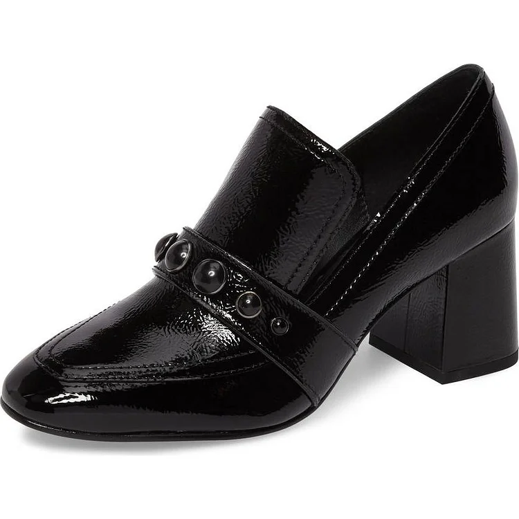 Black  Block Heel Agraffe Loafers for Women |FSJ Shoes