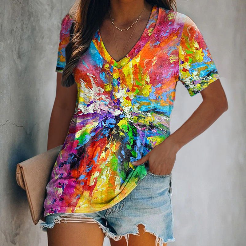 Colorful Oil Painting Tie-dye Printed Women's V-neck T-shirt