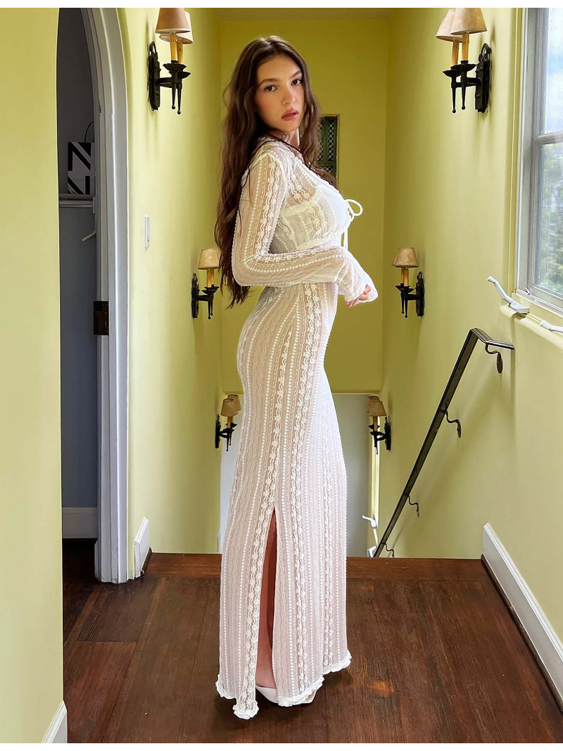 Ootddress Female Elegant Hollow Out Maxi Dress V-Neck Long Sleeve Split Party Dress Evening Tiered Fashion Summer Halter Dress 2025