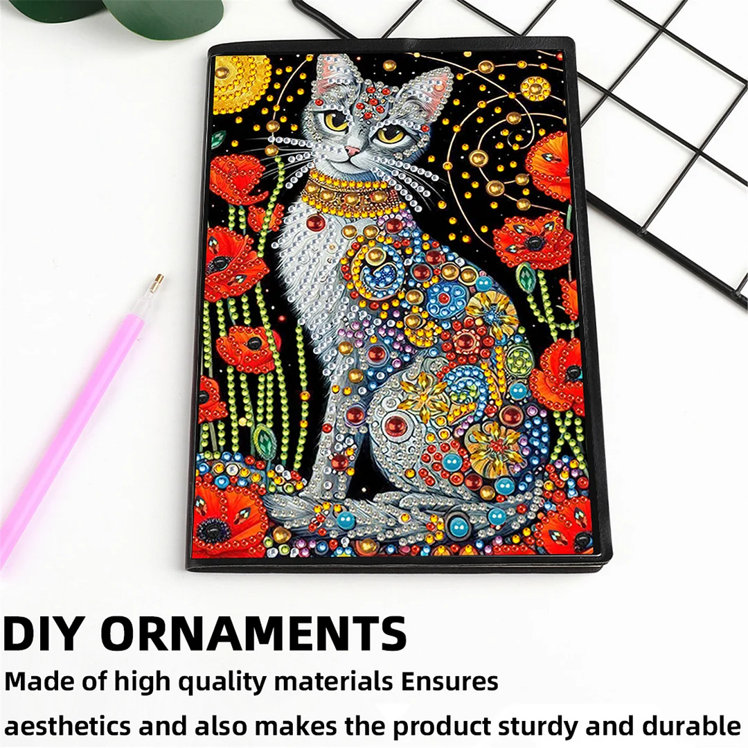 DIY Flower Diamond Painting Journals Notebooks 50 Pages A5 No Lines Special Shaped Diamond Art Kits for Beginners Craft Lovers and Artists (Cat and Flower)