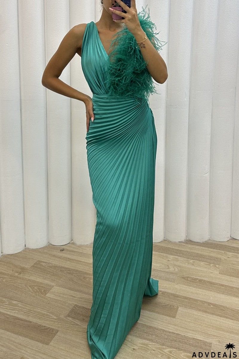 Sexy Solid Patchwork Pleated V Neck Long Dress Dresses