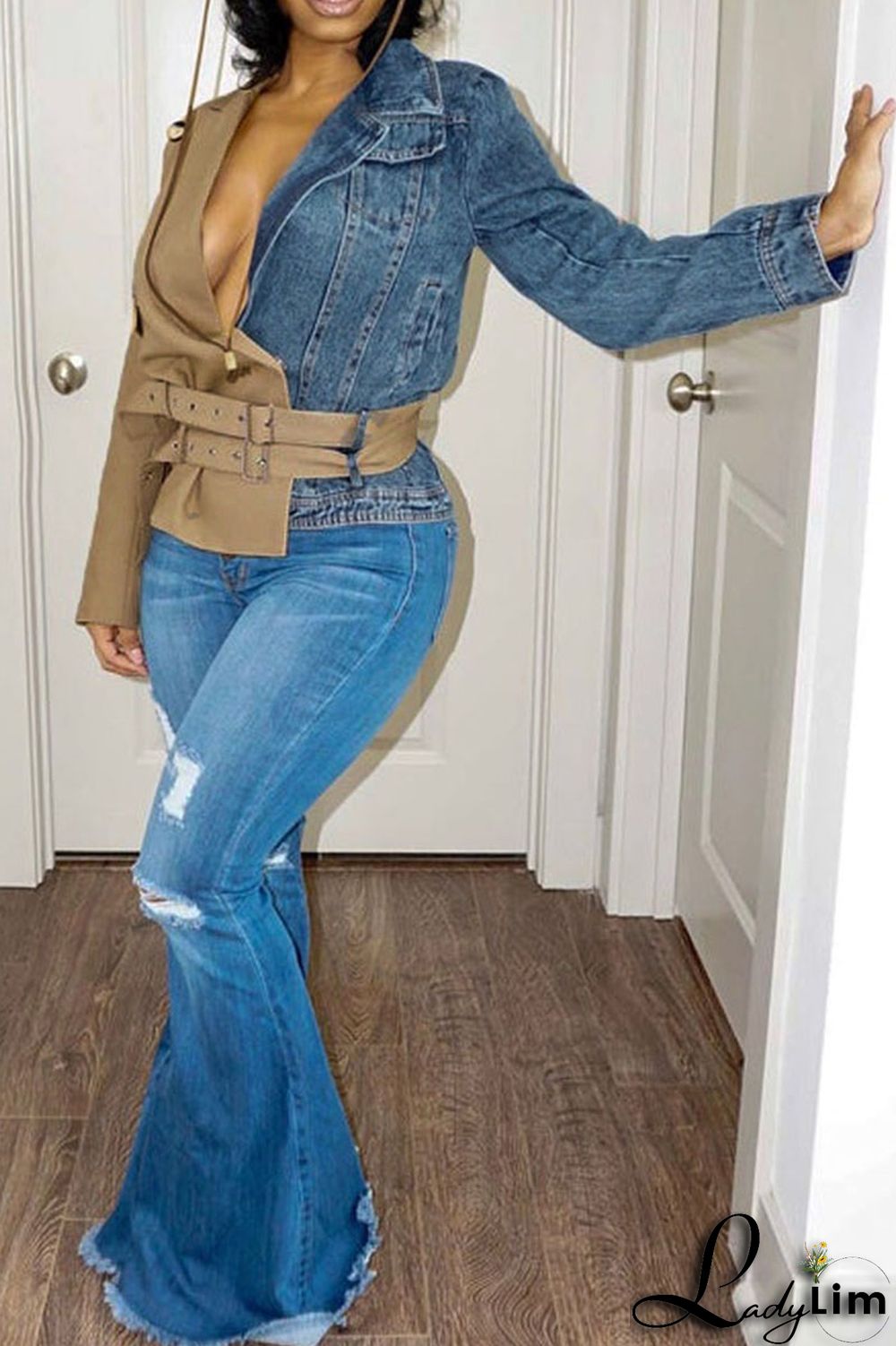 Khaki Street Solid Patchwork Turn-back Collar Outerwear